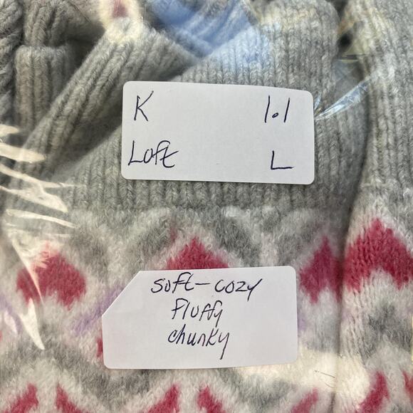 LOFT Sweater Womens Large Gray Pink Heart Fair Isle Balloon Sleeve Cozy Chunky - Picture 11 of 11